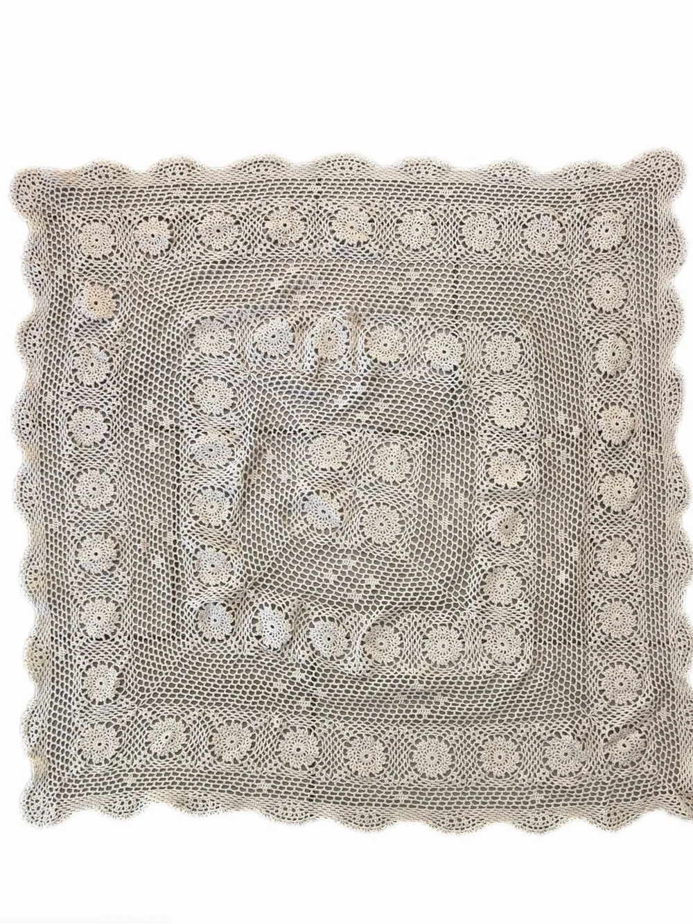 Vintage Hand Crocheted Floral Table Topper 38” Square Scalloped Edges